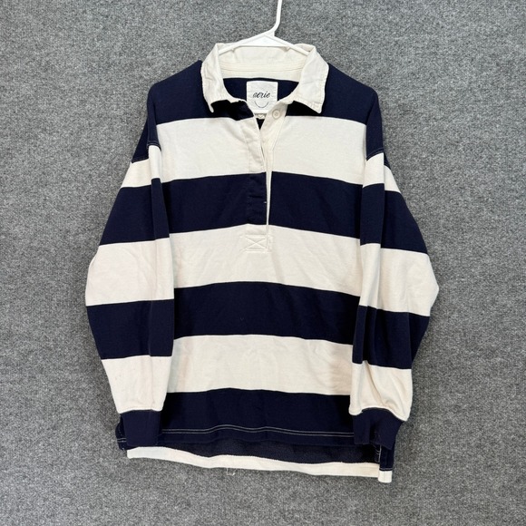 aerie Tops - Aerie Rugby Sweatshirt Womens XS Blue Striped Oversized Coastal Pullover Fleece